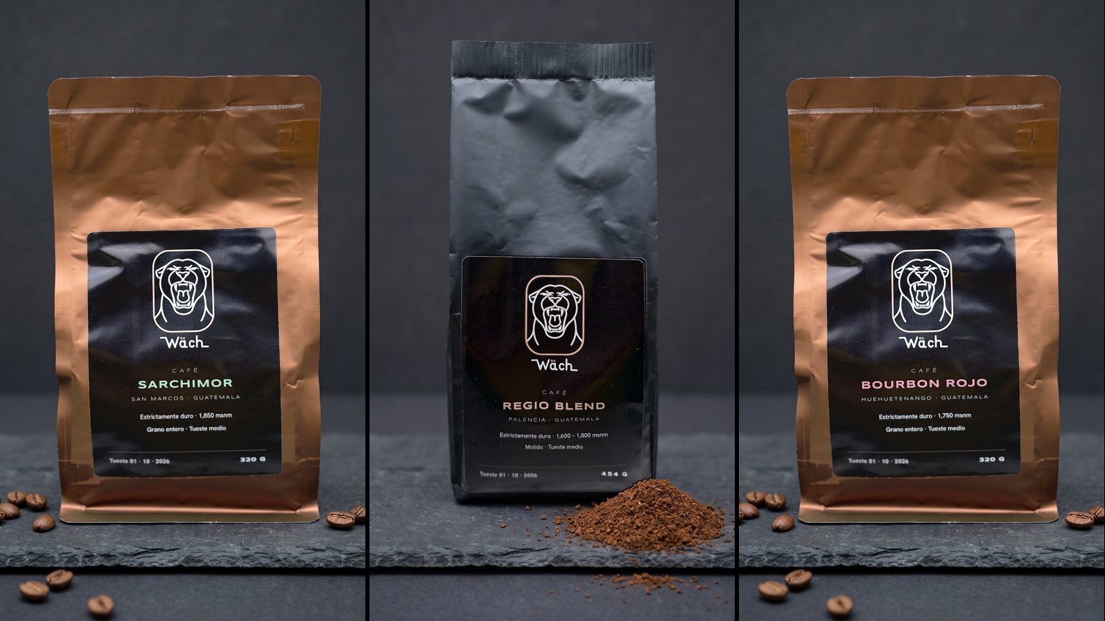 Bolsas de café Wäch Sarchimor, Regio Blend y Bourbon Rojo sobre una pizarra oscura
